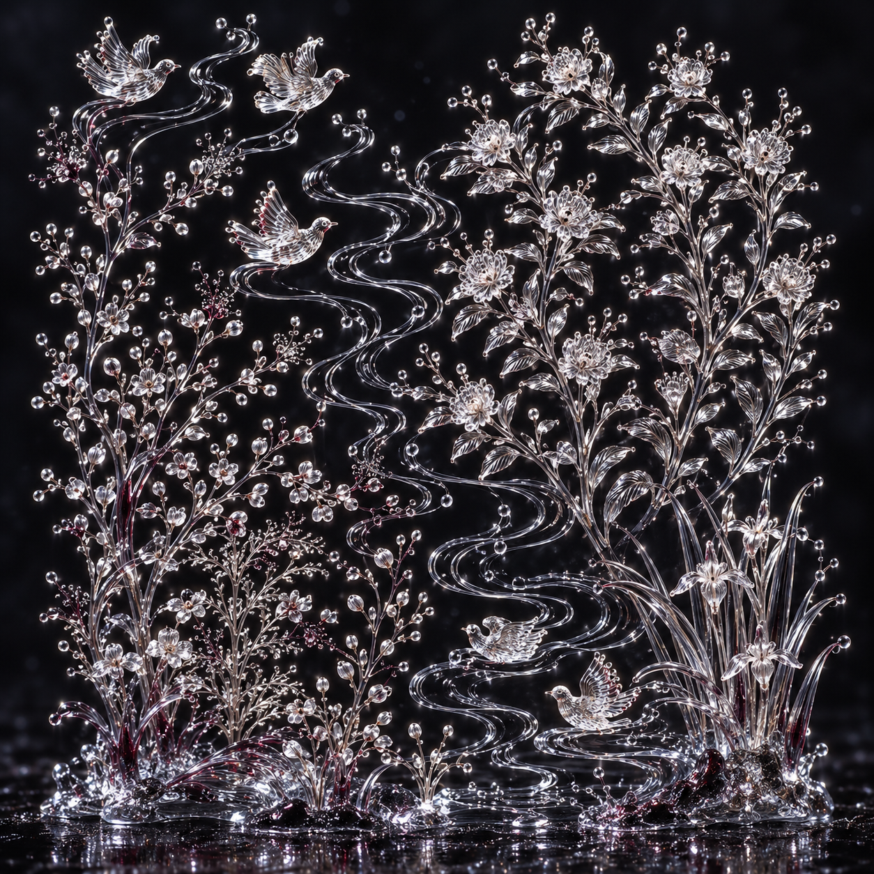 Silver crystalline birds, flowers and flowing forms illustrating active management in litigation funding